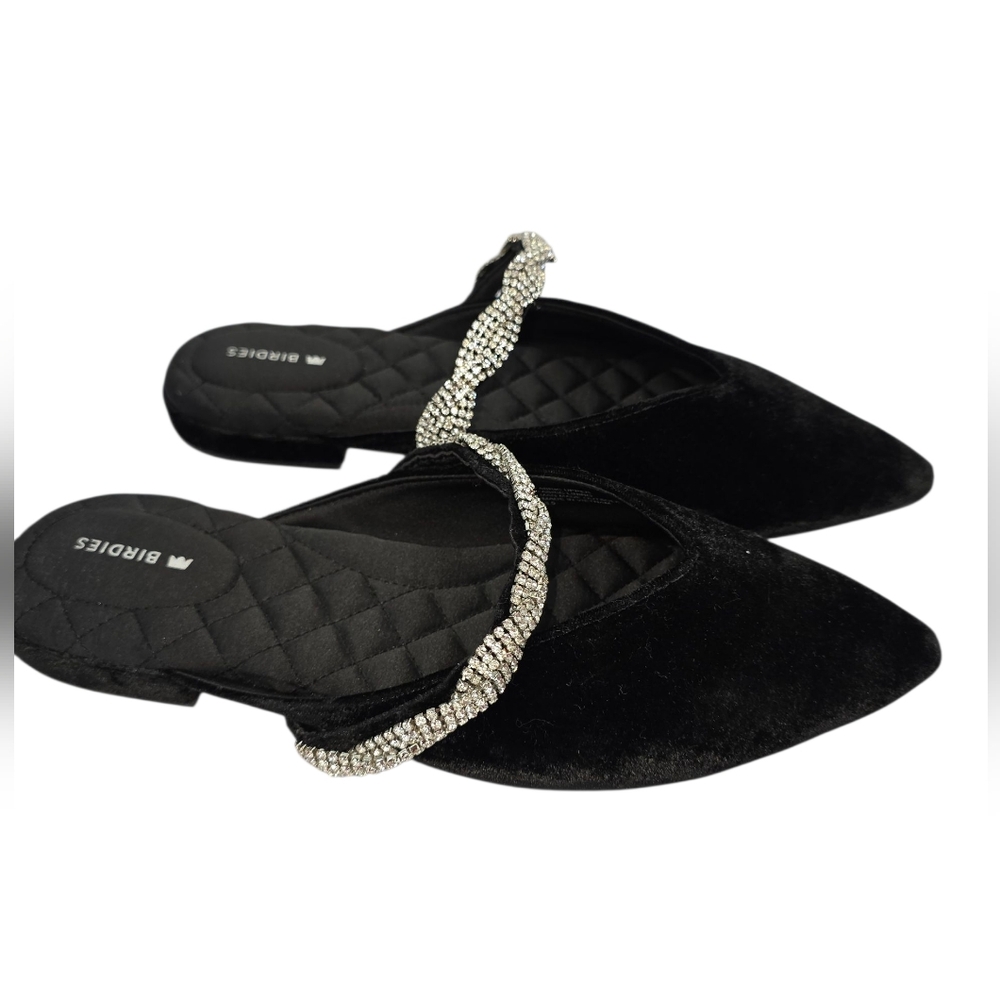 Birdies Black Velvet Pointed Toe Flats with Crystal Strap